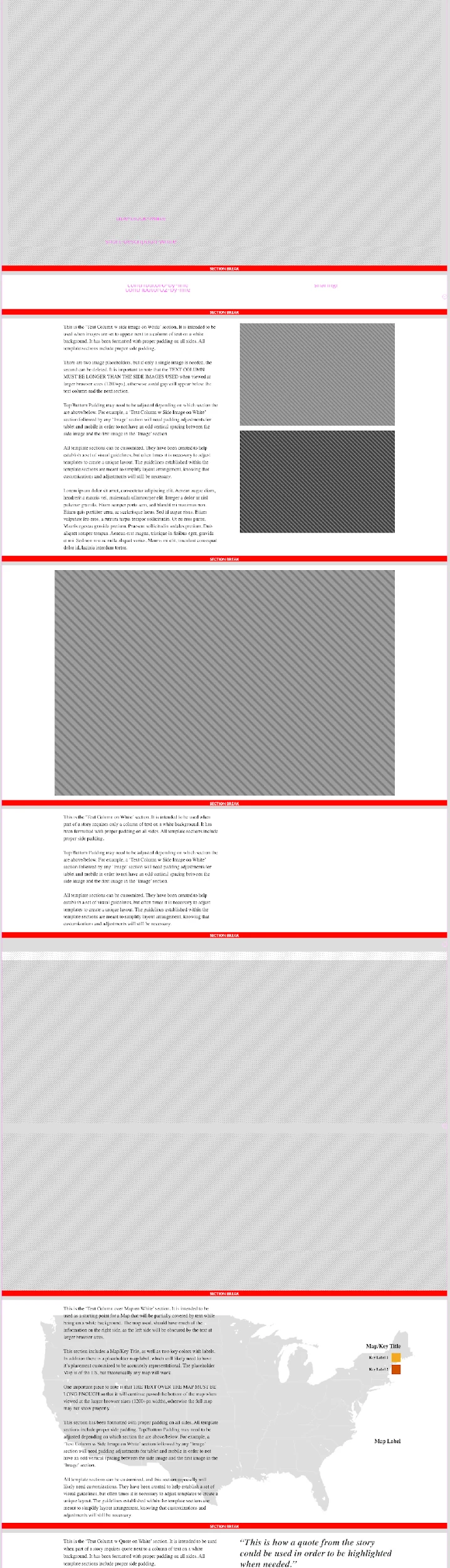 Greybox wireframe of a full story page with each module outlined
