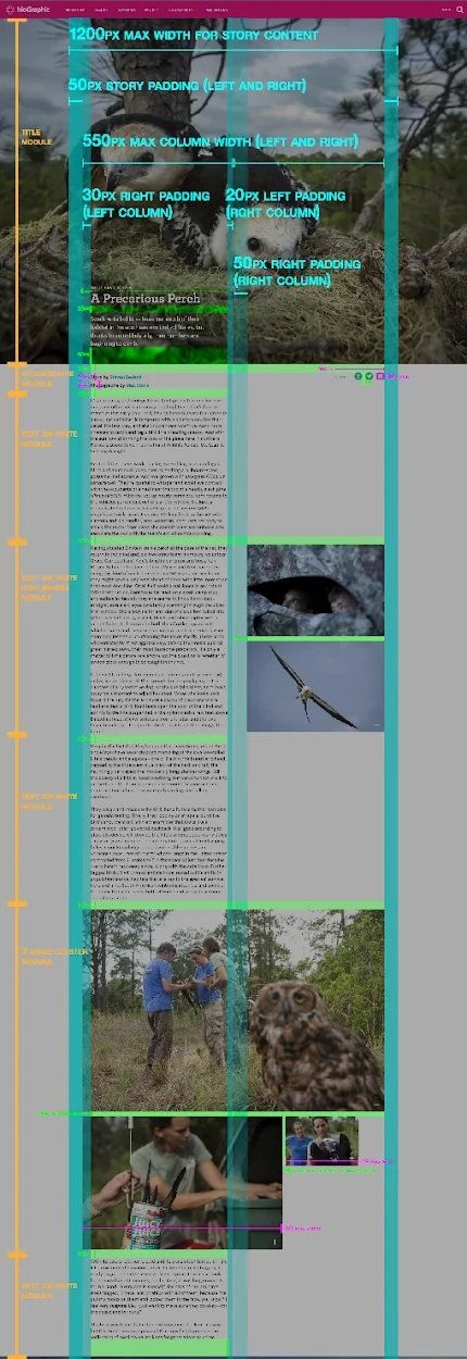 Top half of a full-length story page, redlined, with each module named down the left edge