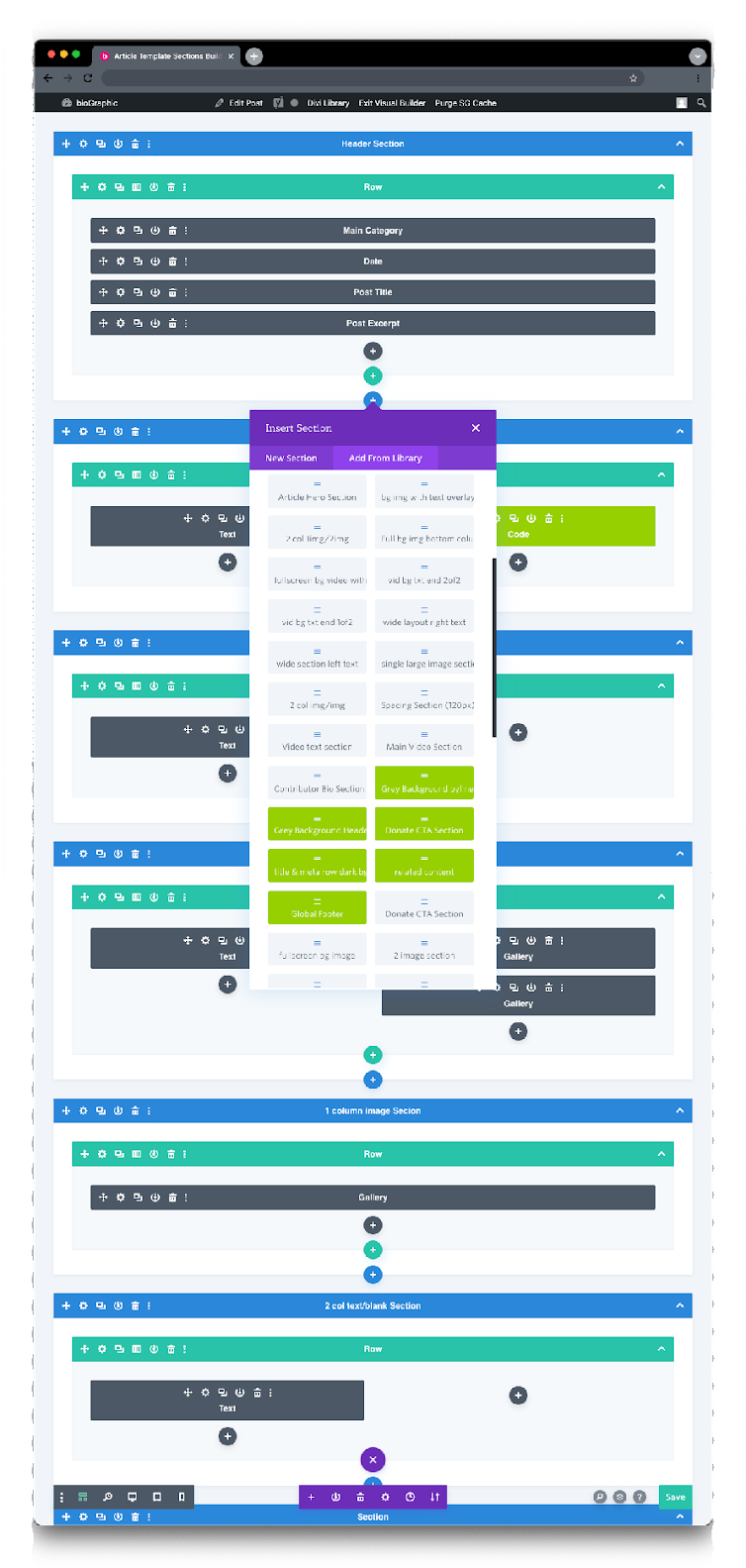 A story assembled in the WordPress section builder, showing rows and metadata fields