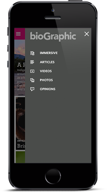 Mobile navigation drawer showing the format taxonomy with icons