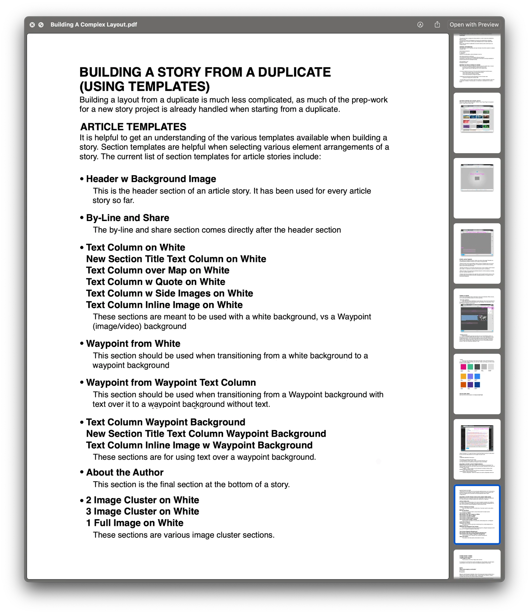 Documentation page describing each template section and when to use it