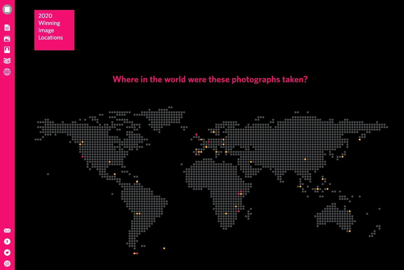 The 2020 Big Picture web map: a dotted world map on black, with yellow and pink dots marking where each winning photo was taken, under the question "Where in the world were these photographs taken?"