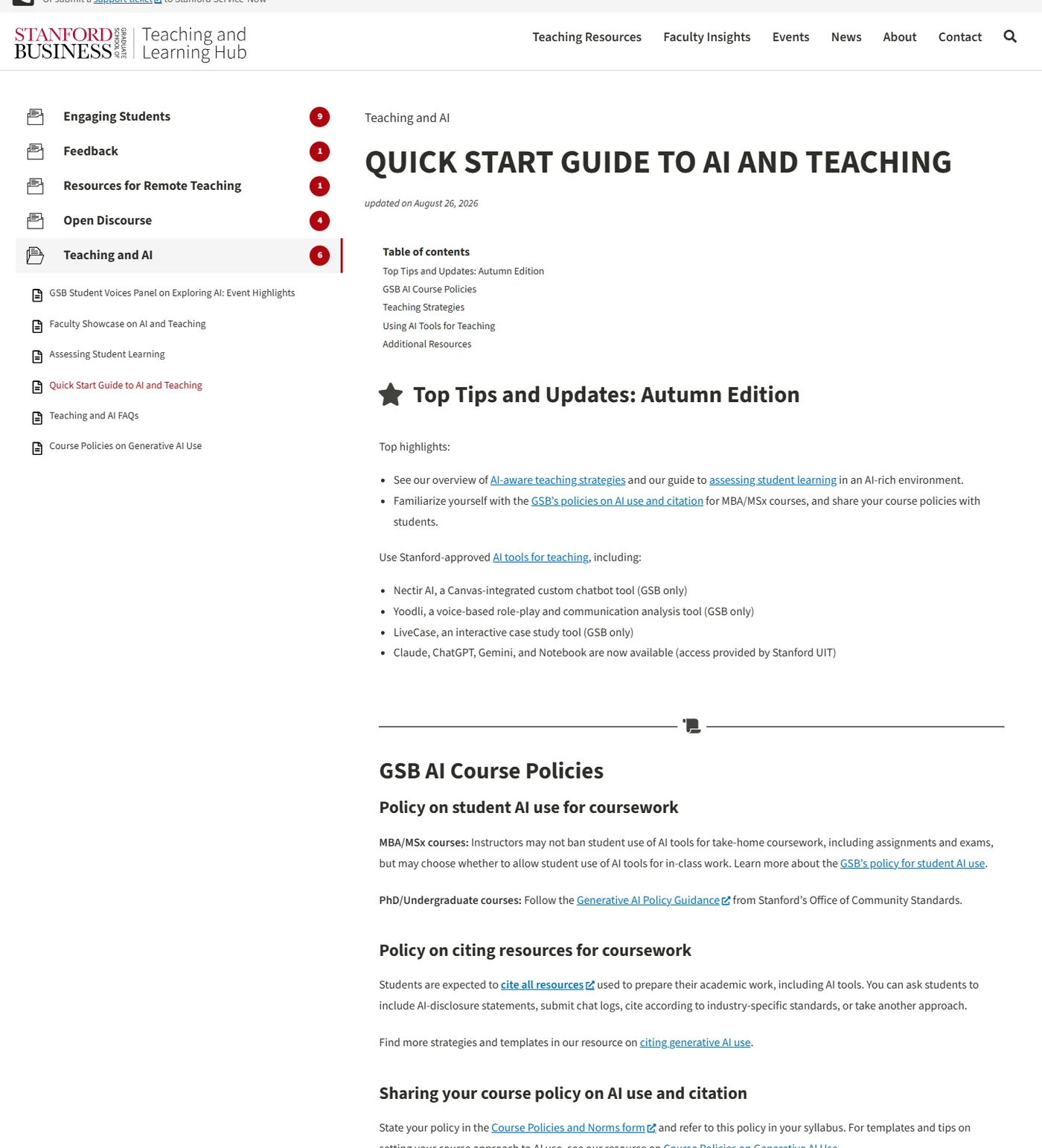 The Quick Start Guide to AI and Teaching, with a topic sidebar, table of contents and section headings