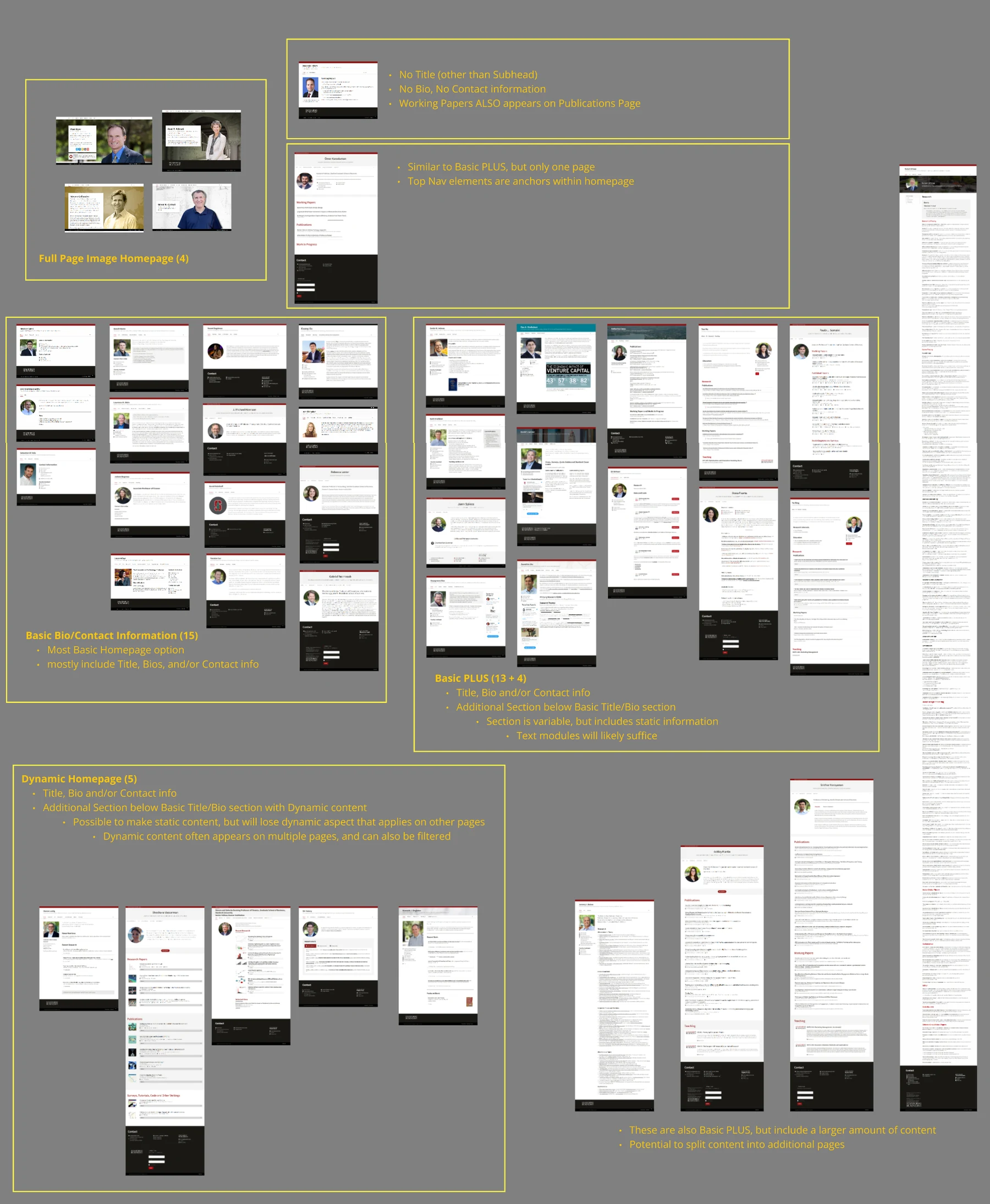 Audit board sorting 50-plus faculty websites into five shared patterns