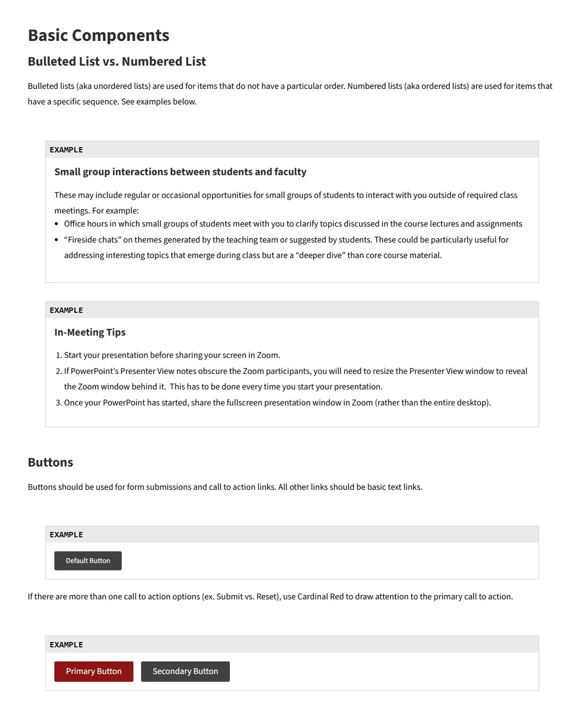 The Hub's site design guide on basic components: when to use bulleted or numbered lists, and default, primary and secondary buttons, each with a live example