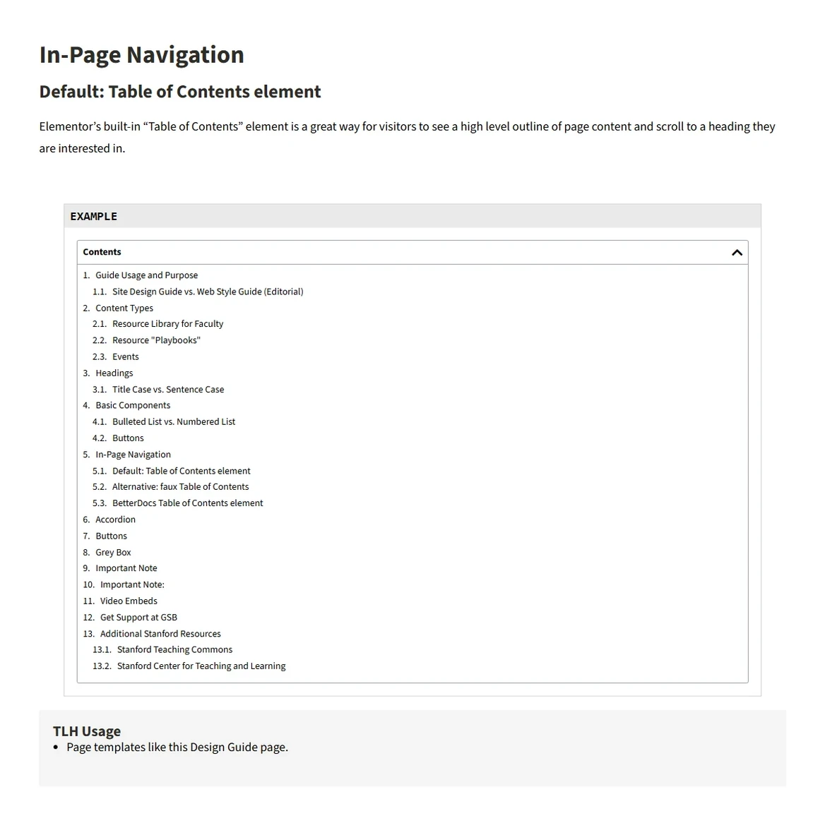 The Hub's site design guide on in-page navigation: the default table of contents element, with a live example and a note on where the Hub uses it
