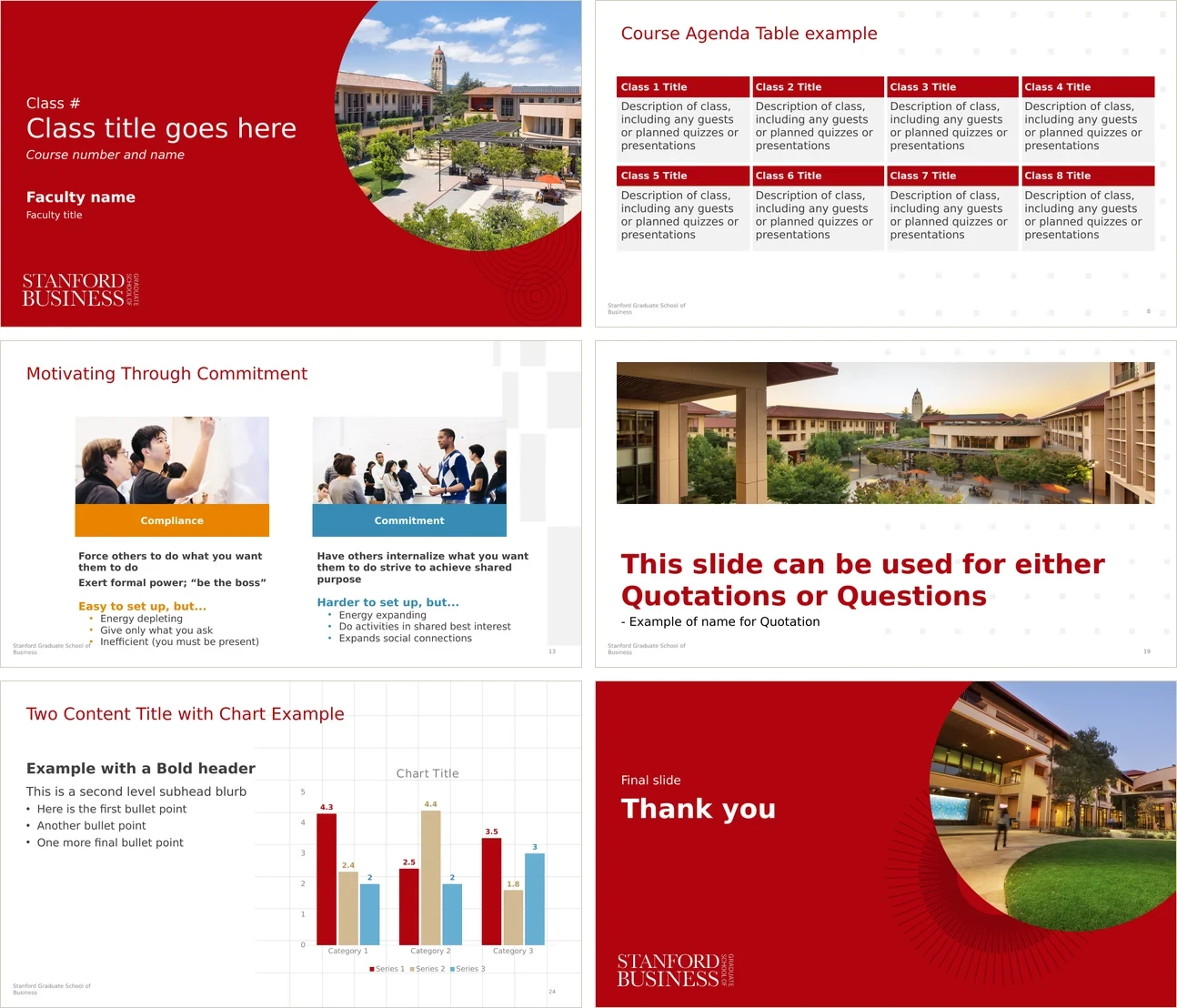 Six slide layouts from the PowerPoint theme: a title slide, a course schedule table, a side-by-side comparison, a quotation slide, a chart slide and a closing slide
