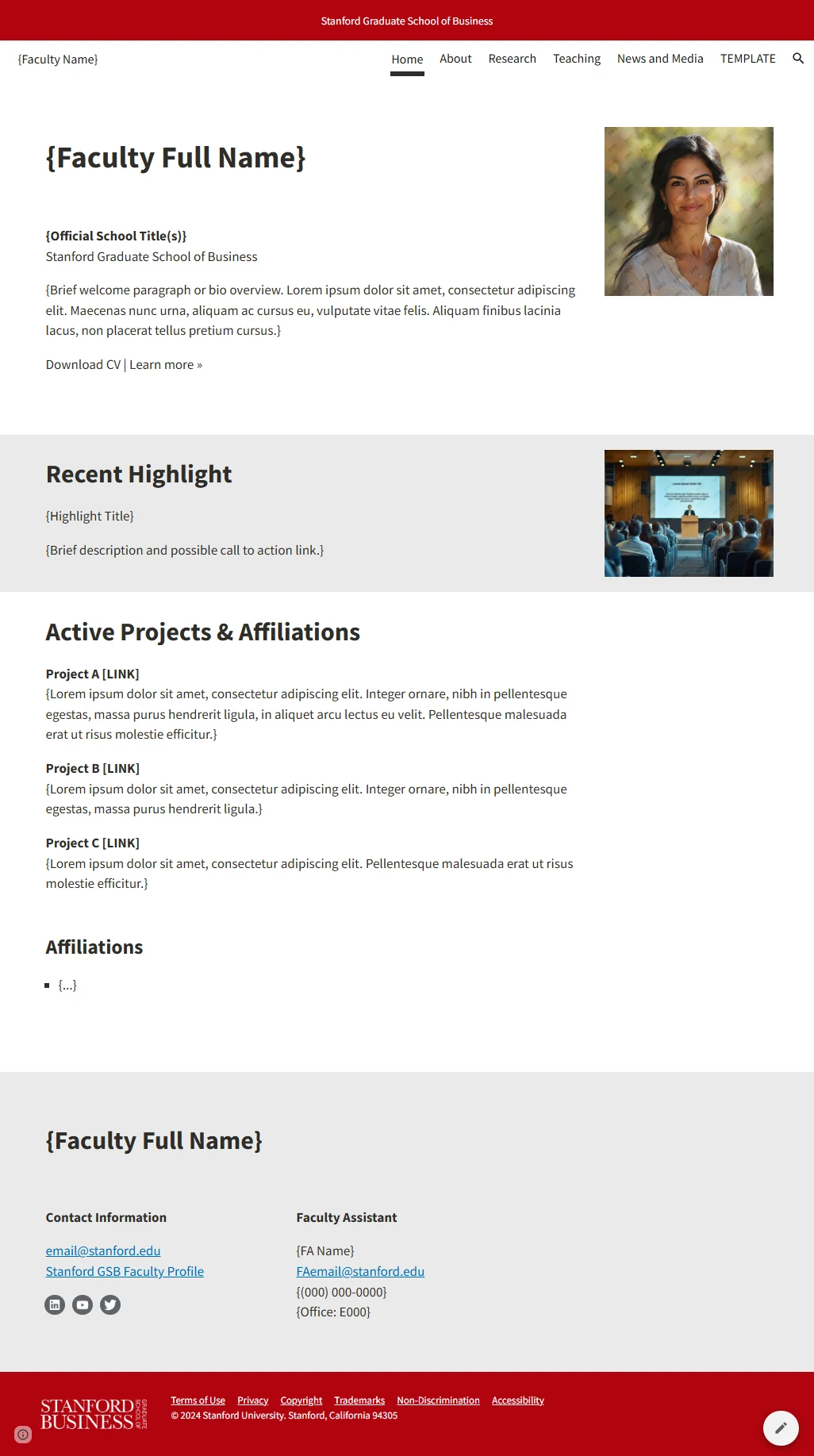 Template homepage with biography, highlights, projects, affiliations and contact