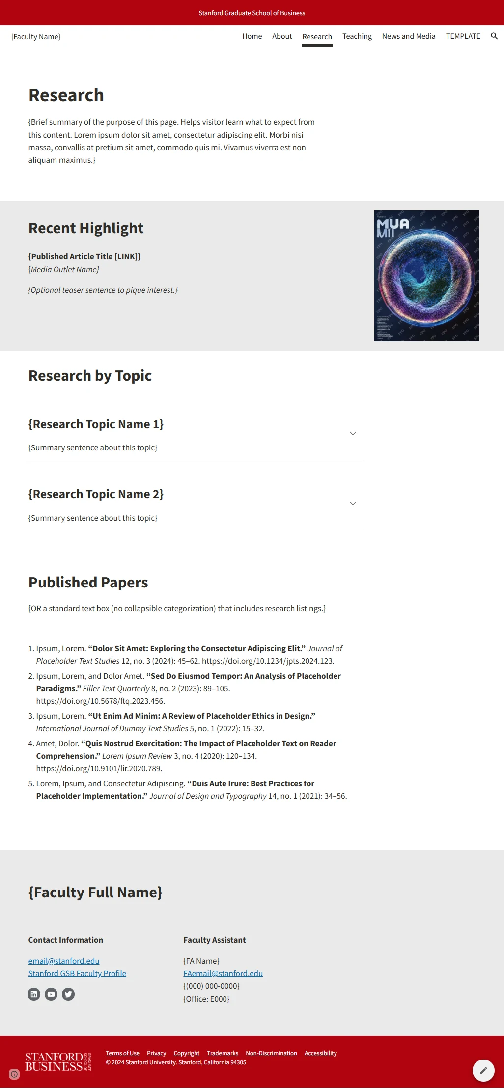 Template research page with topical grouping, featured work and publication lists