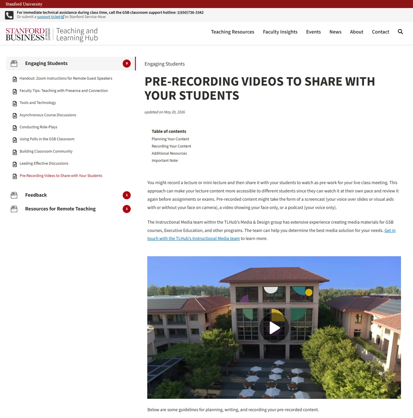 A resource page on pre-recording videos, using the same sidebar, table of contents and headings