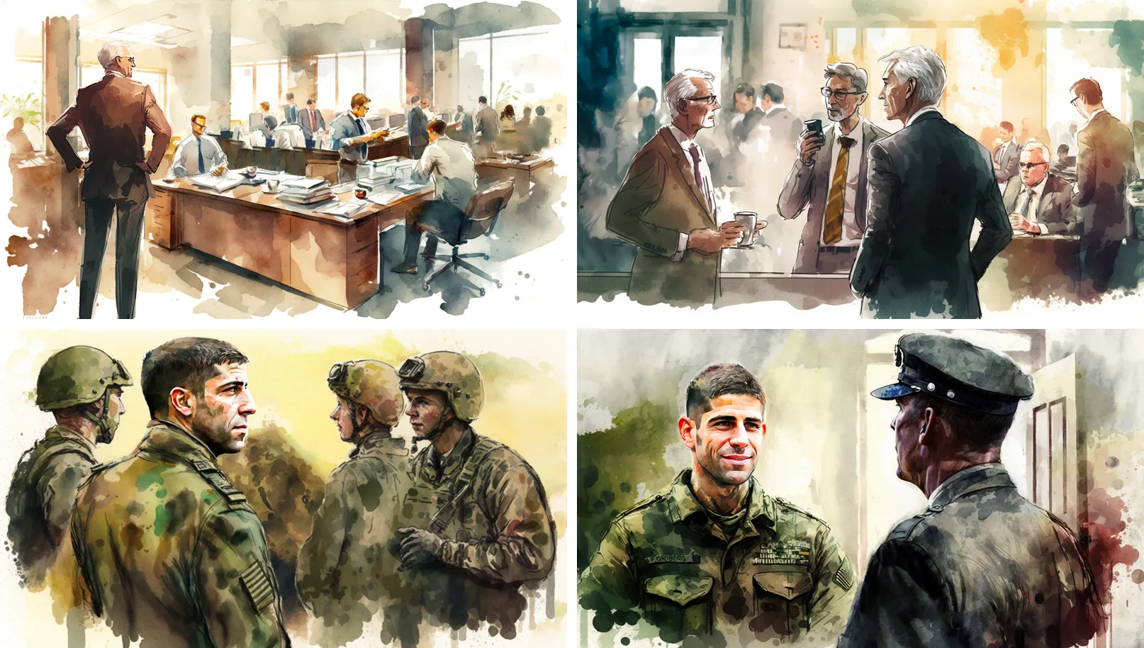 Four watercolor-style illustrations from the series: a busy office trading floor, three men in suits talking over coffee, soldiers in helmets talking outdoors, and a smiling soldier facing an officer in a peaked cap