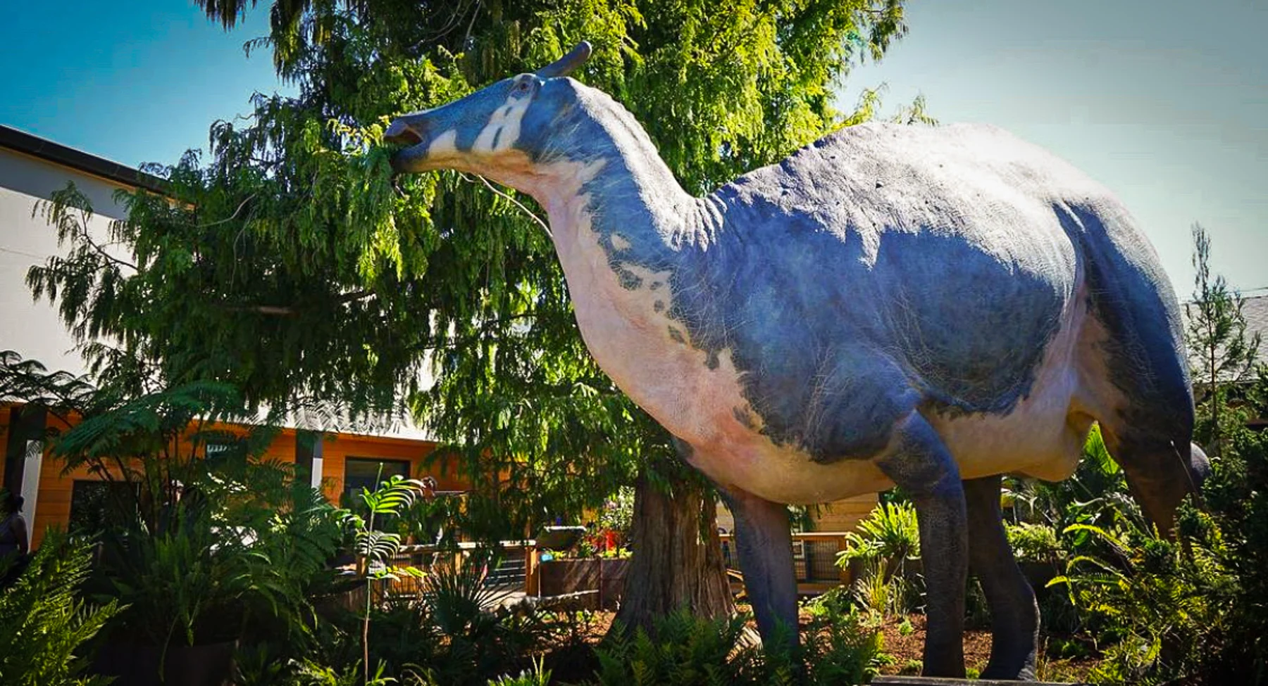 A life-size dinosaur sculpture among the plants of the California Dinosaur Garden