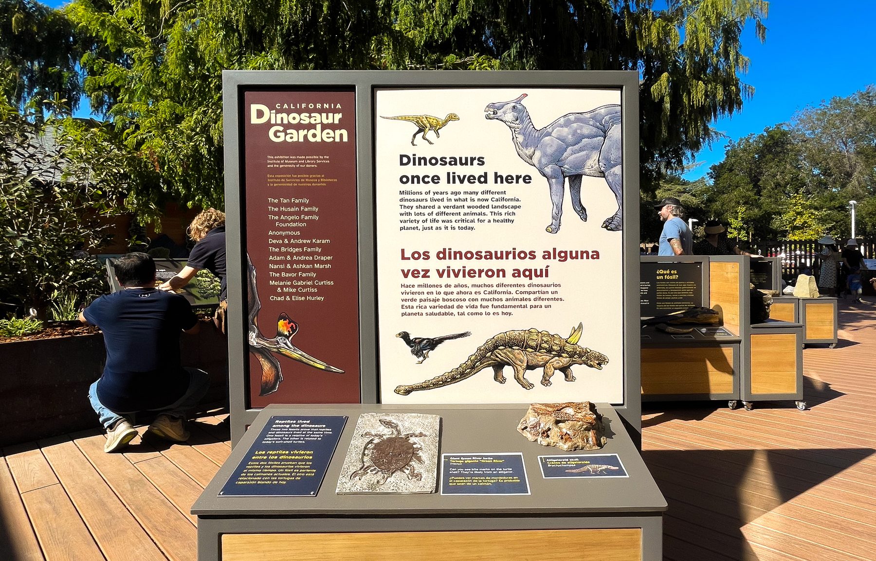 The California Dinosaur Garden's entrance panel, with illustrated dinosaurs and English and Spanish text above a table of real fossils, as visitors explore exhibit stations behind it