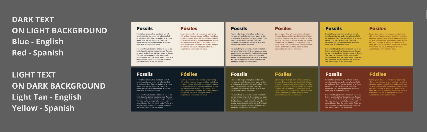 Bilingual text system: six sample Fossils and Fósiles panels, dark text on three light backgrounds with English in blue and Spanish in red, and light text on three dark backgrounds with English in light tan and Spanish in yellow