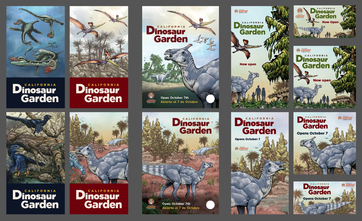 Marketing artwork built from the same illustration and logo: two colorways of the key art and bilingual now-open announcements in square, vertical and banner sizes