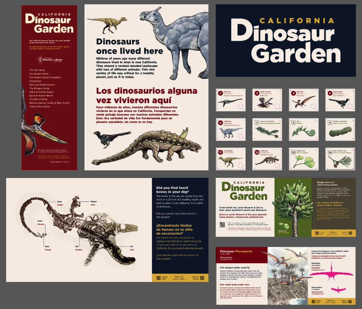The exhibit graphic system in one view: donor panel, bilingual entry panel, logo lockup, numbered species ID cards, fossil dig and plant panels, and a visitor promotion panel